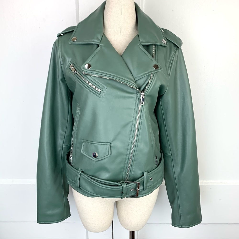 ZARA Green Faux Leather Moto jacket Size M